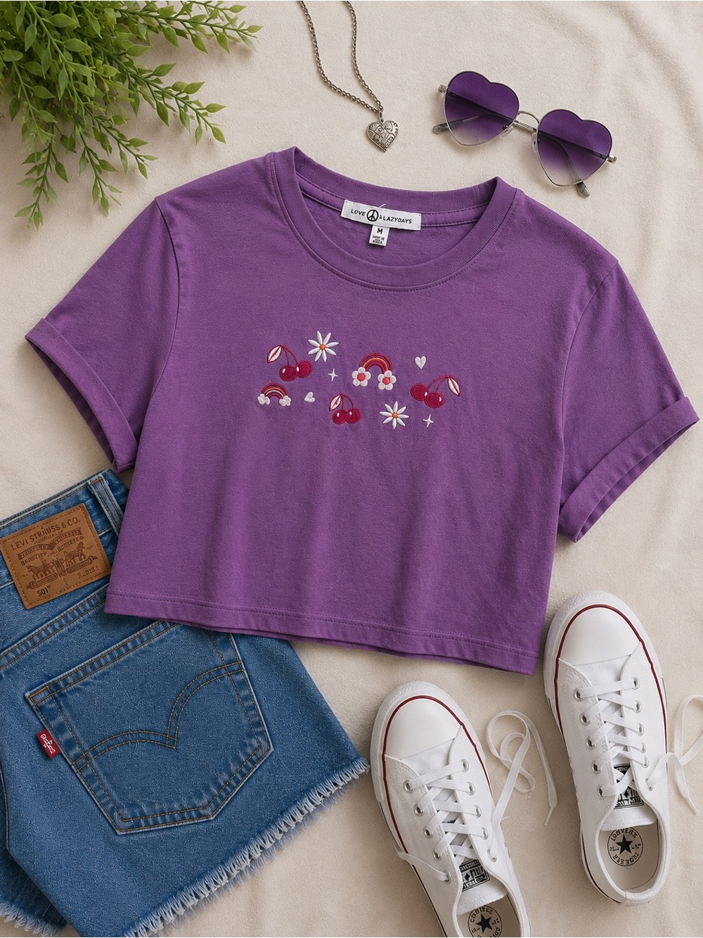 Purple Cherry Graphic Crop Tee Coquette Y2K Cottagecore Size M